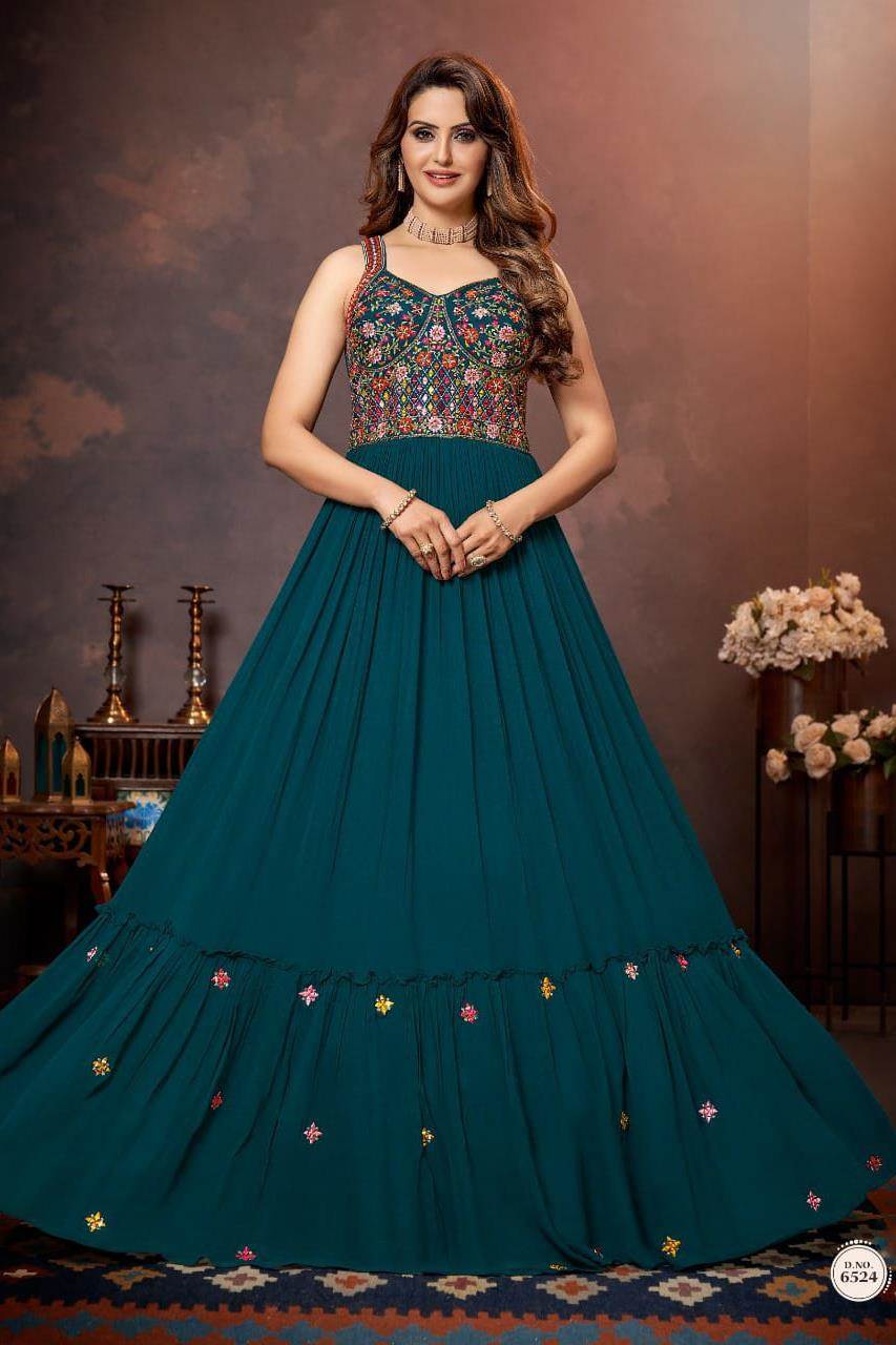 Wondrous Rama Green Georgette With Embroidered Work Gown - RJ Fashion