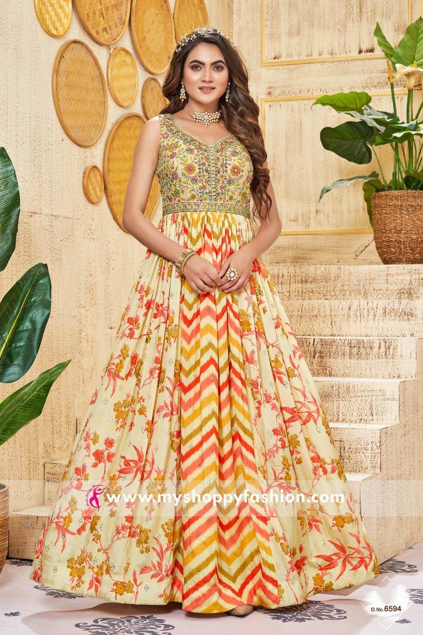 Designer Stitched Western Dress Light Yellow Net Long Gown Sc1048, लॉन्ग  गाउन - Anvi Creations, Lucknow | ID: 25752256597