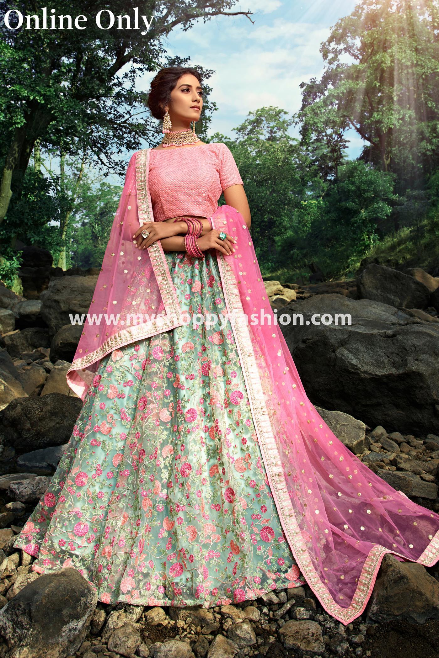 Pista and Pink Color Combination Designer SemiStitched Lehenga Choli