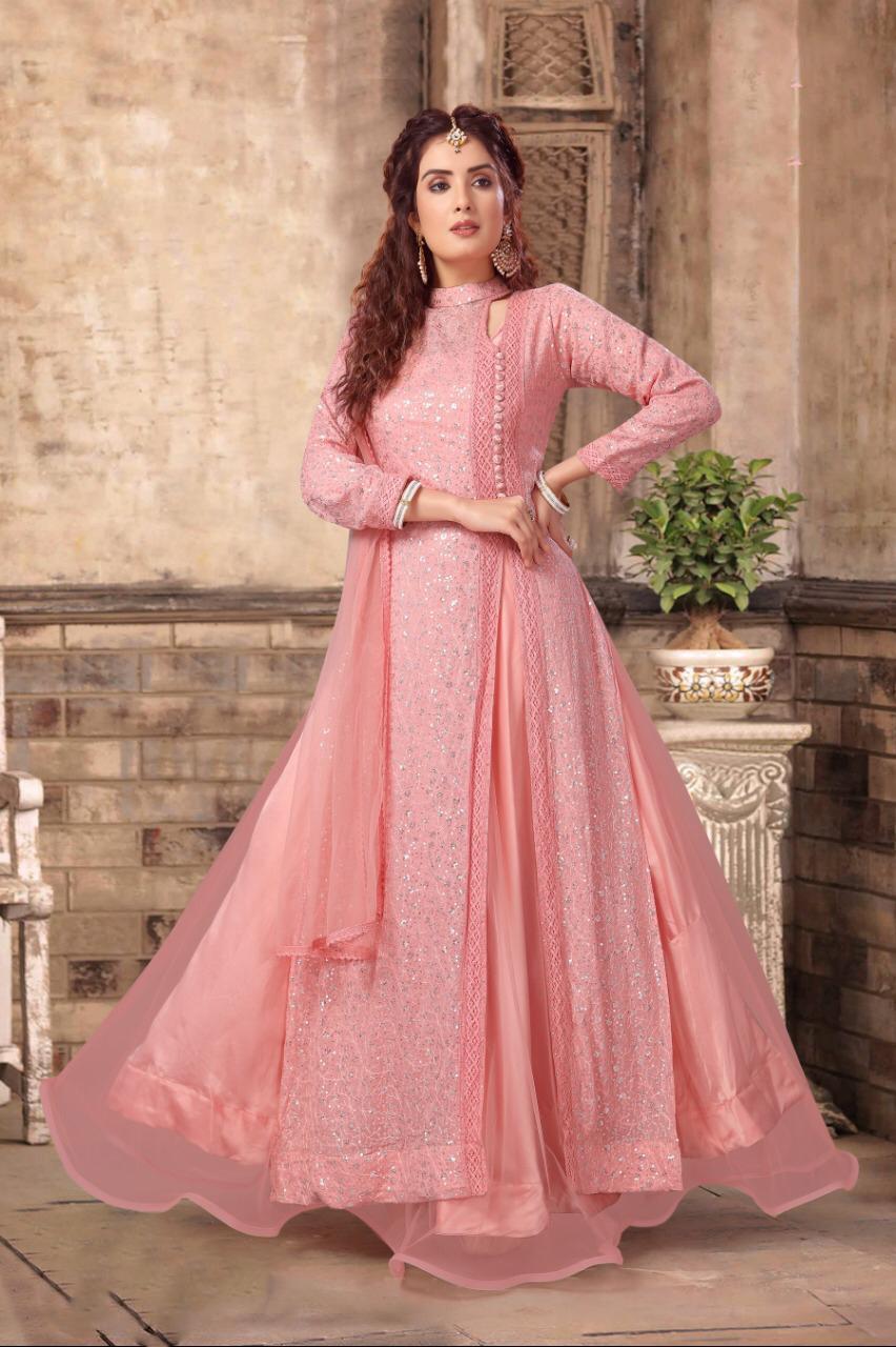 Georgette Embroidered 143371--Party Wear Pink Color Sequence embroidery  work Gown at Rs 2499 in Surat