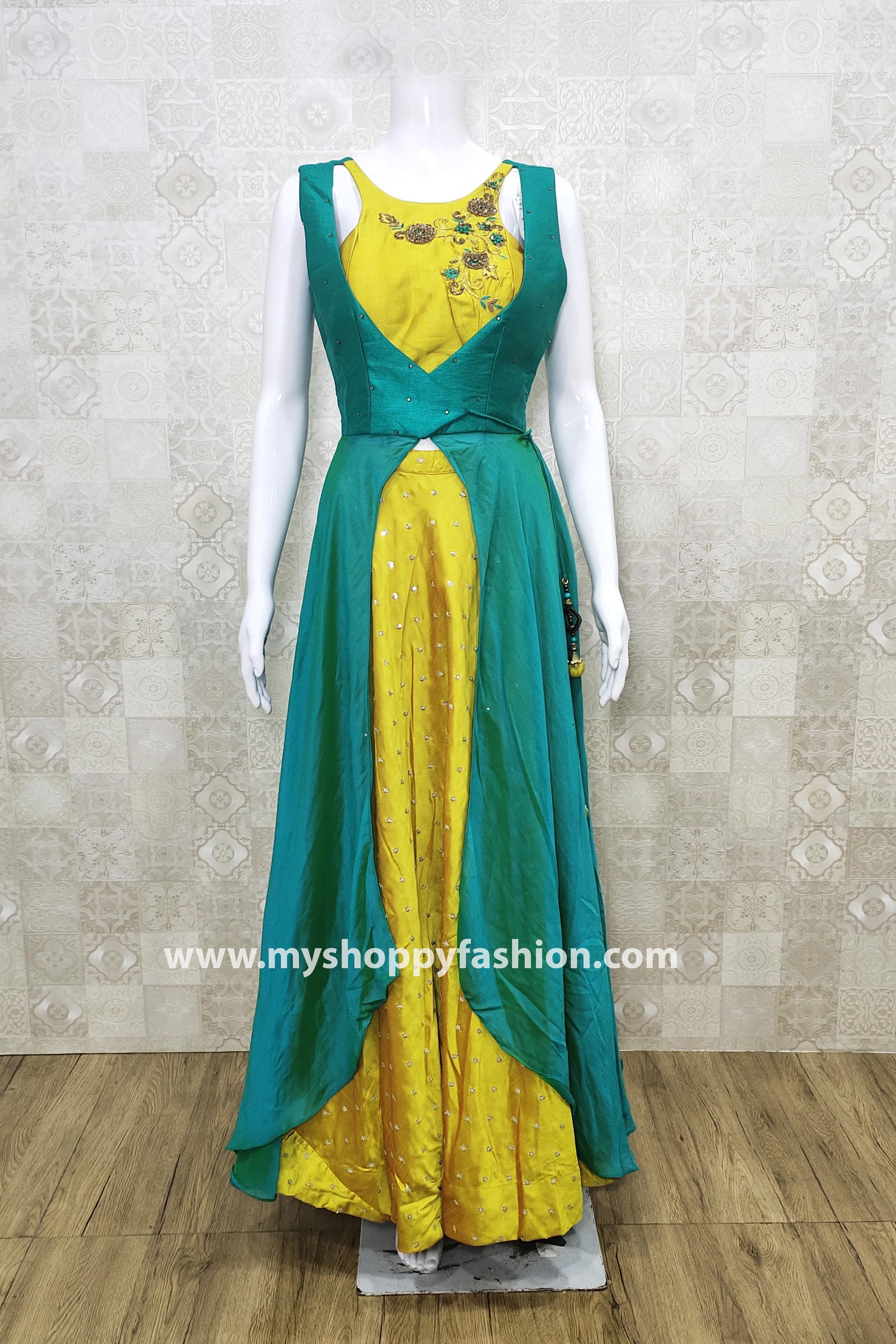 Designer Semi Stitched Pista Green Fusion Style Bhagalpuri Dress Mater   Ethnics By Anvi Creations