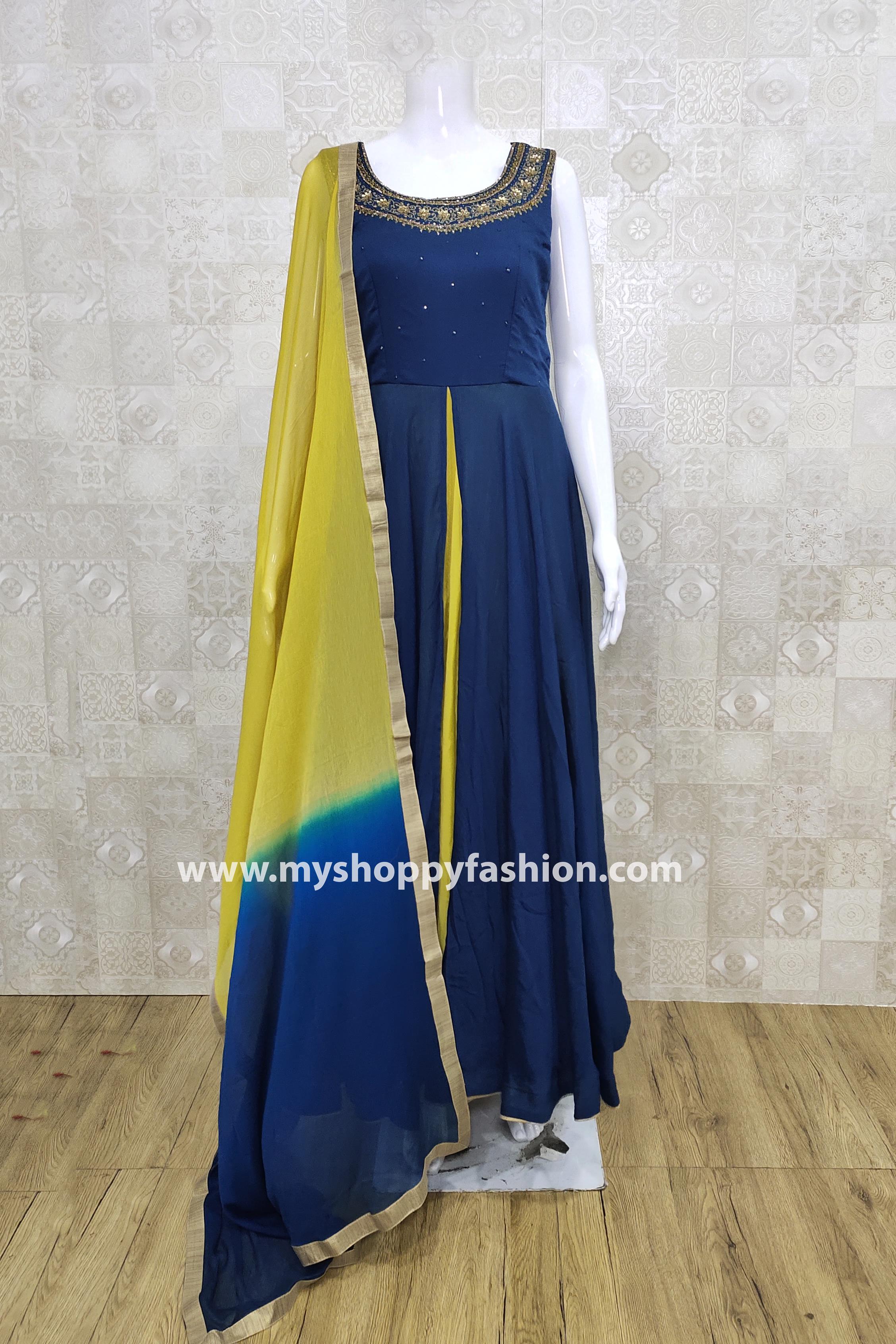 Peacock Blue Heavy Embroidered Net Gown with Dupatta