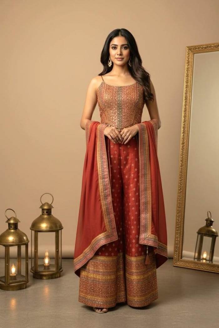 Rust Color Party Wear Designer Plazo Suit