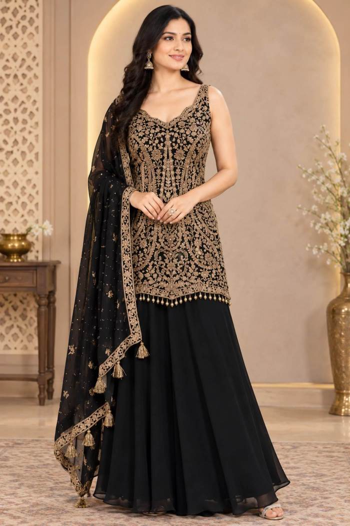 Black color Party Wear Designer Plazo Suit