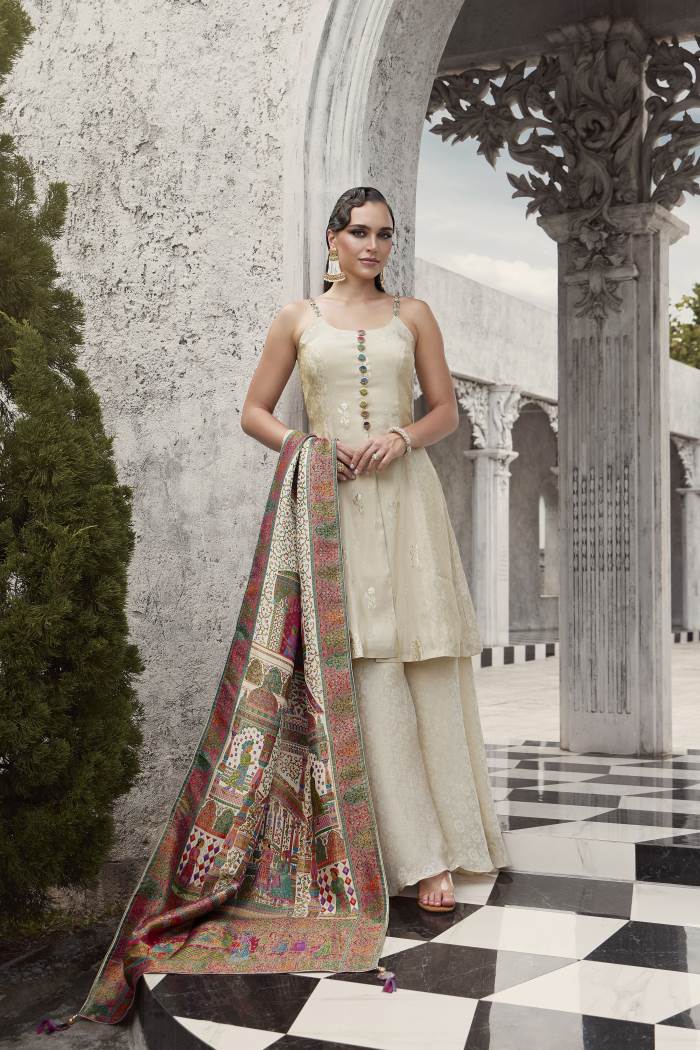Cream color Plazo suit dress with Heavy dupatta