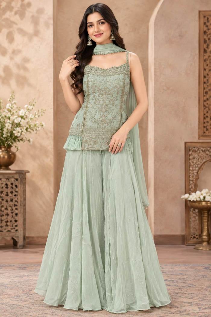Pista color Party Wear Designer Plazo Suit