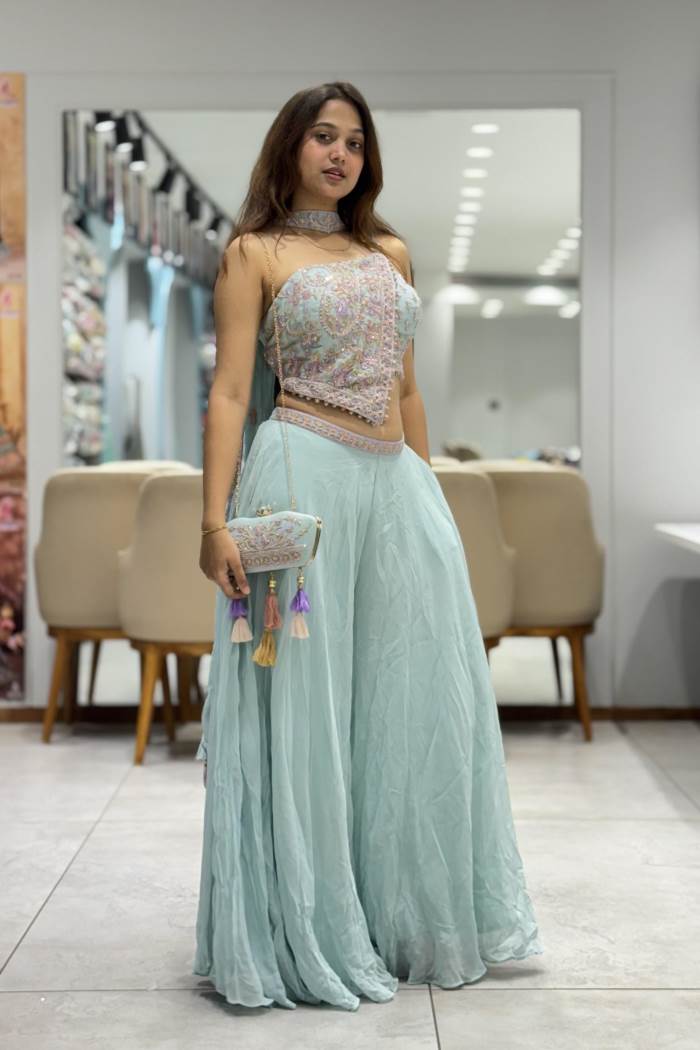 Sky Blue Color Party Wear Designer Plazo Suit