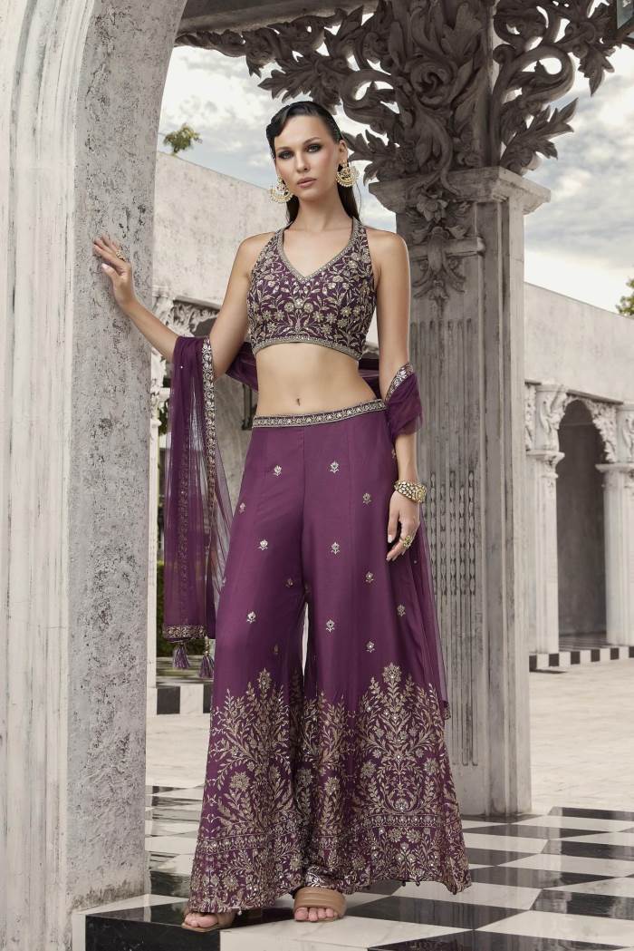 Wine Color Party Wear Designer Plazo Suit