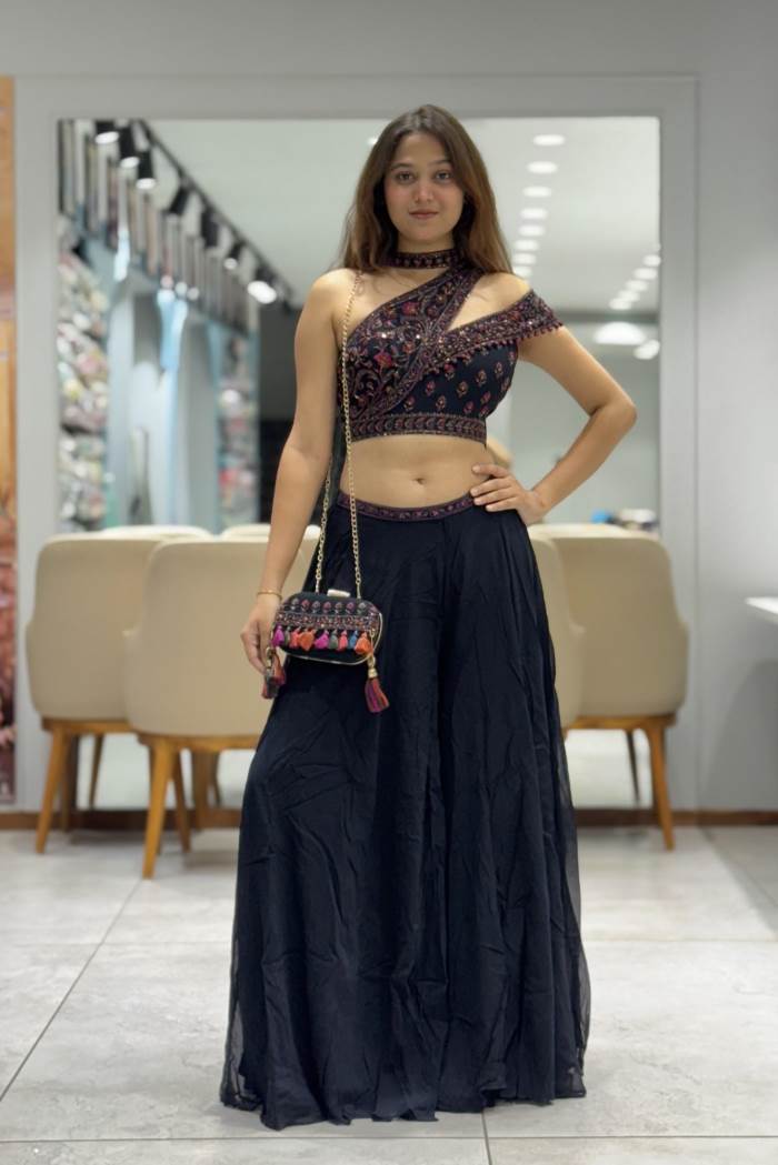 Navy Blue Color Party Wear Designer Plazo Suit