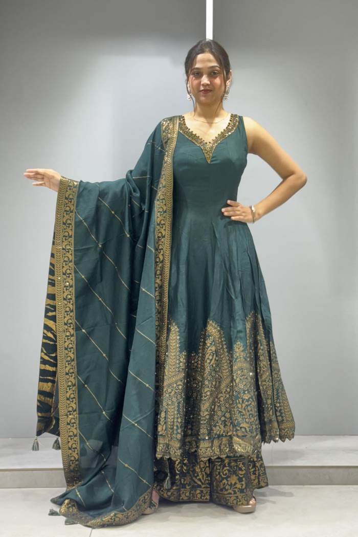 Green Color Party Wear Designer Plazo Suit