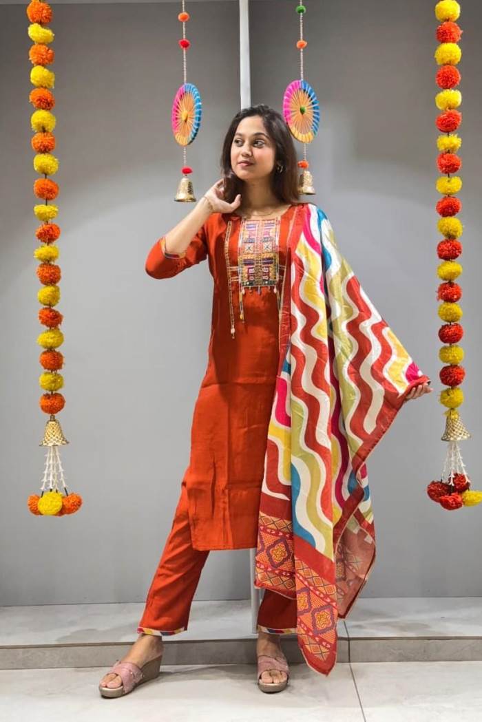 Rust Color Party Wear Designer Kurti Set