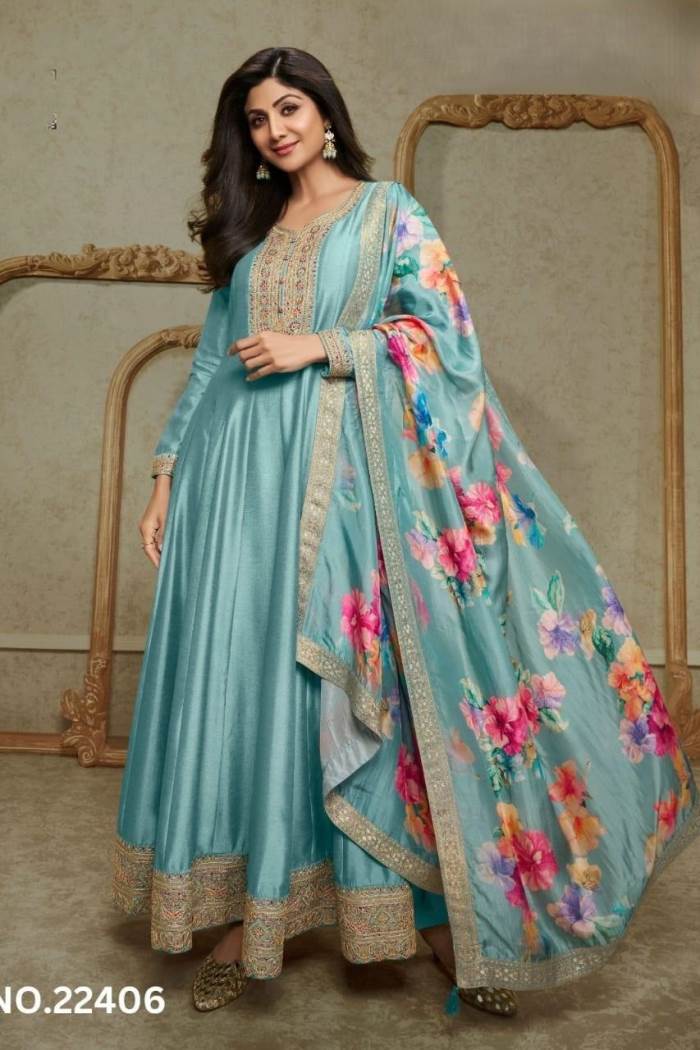 Sky Blue color Designer Gown with Floral Dupatta