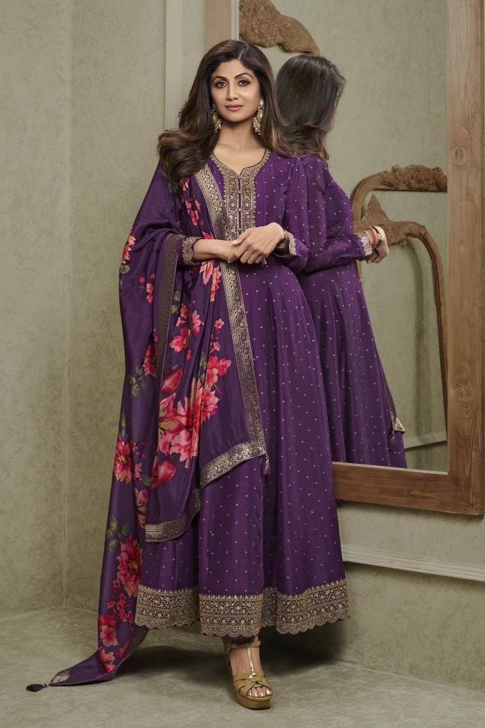 Wine Color Party Wear Designer Gown With Printed Dupatta