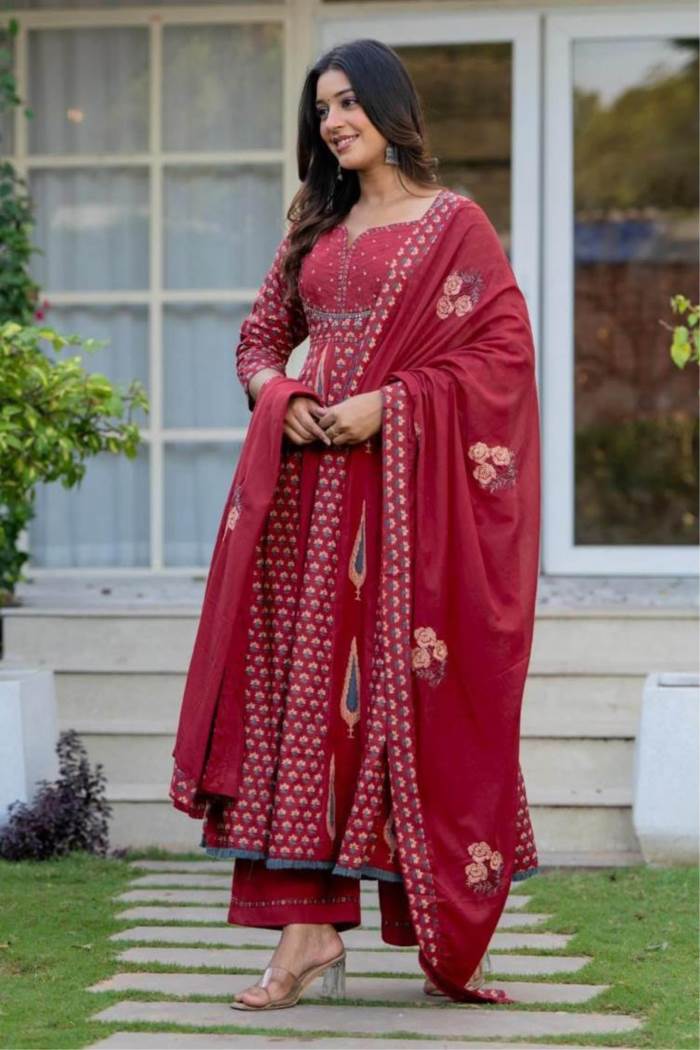 Marron Color Casual Wear Designer Cotton Suit