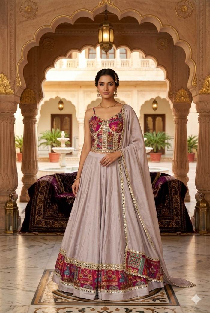 Rani and Grey Color combination Navratri Chaniya choli