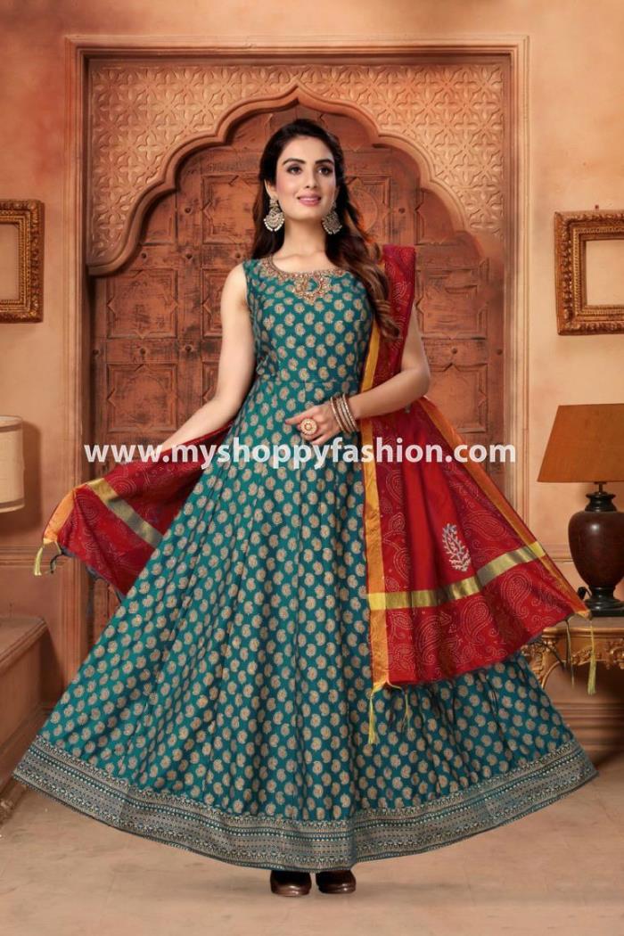 Peacock Blue Color Party Wear Gown With Red Dupatta