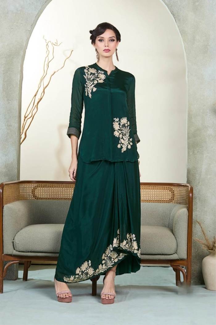 Green color Designer Wear indo-western Suit