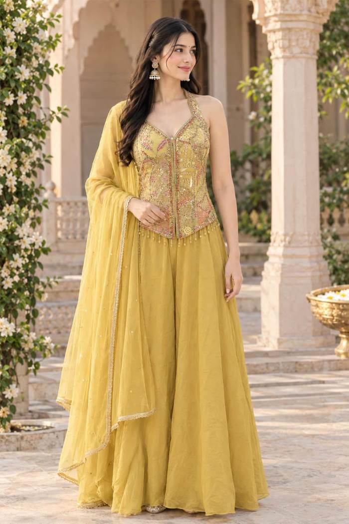 Lemon Color Party Wear Designer Short Plazo Suit