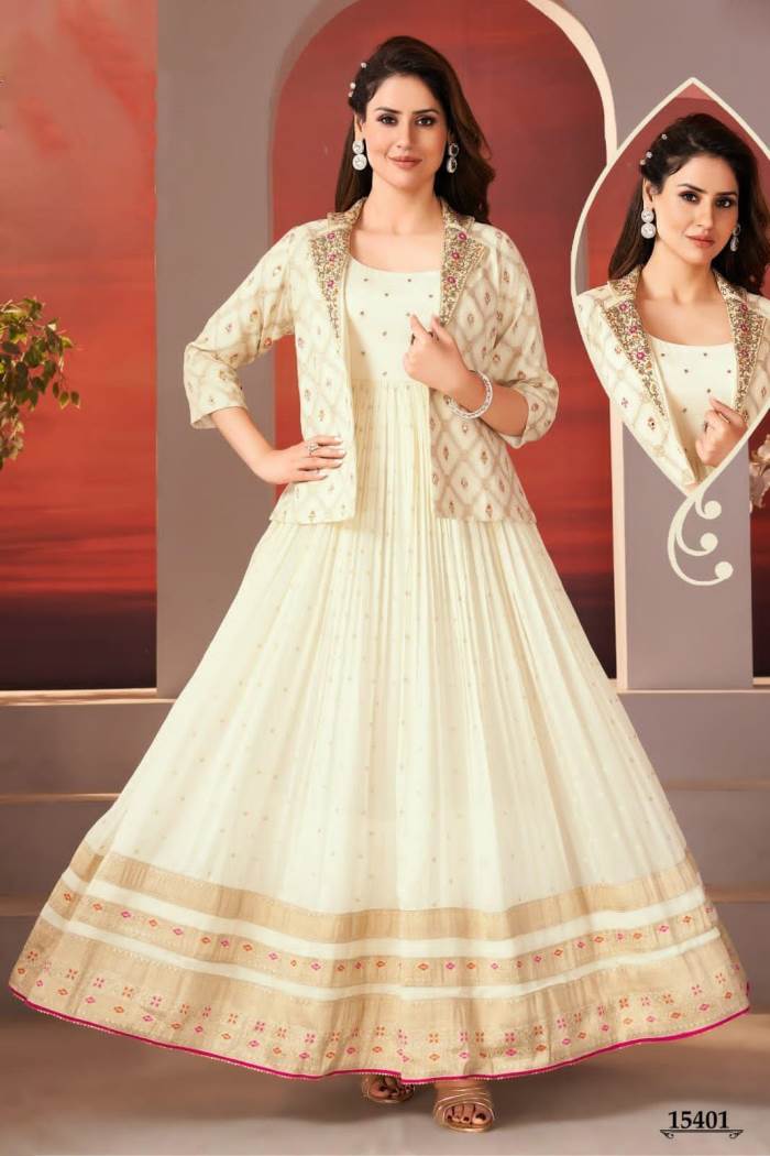 Offwhite Color Party Wear Designer Gown With Koti