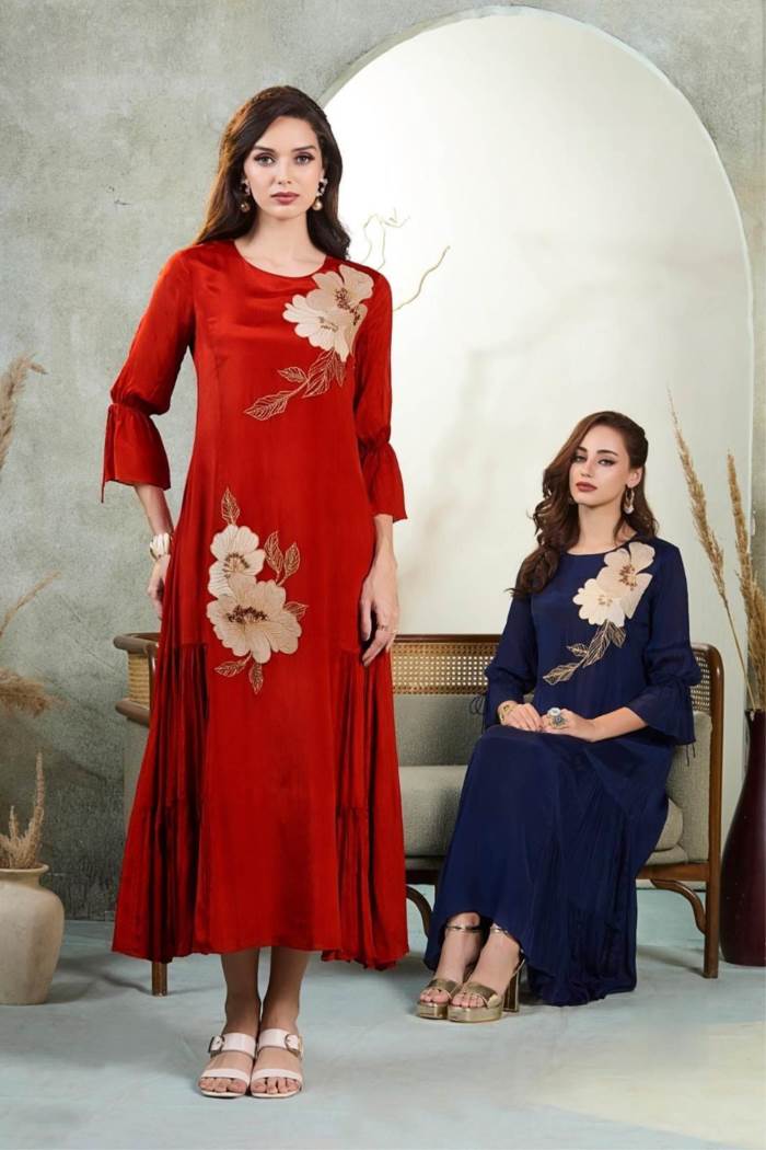 Rust Color Party Wear Designer Gown Kurti