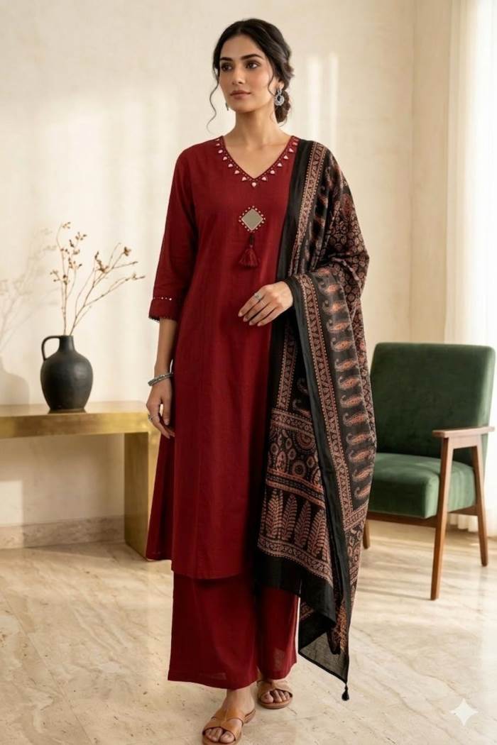 Maroon Color Casual Wear Designer Kurti Plazo