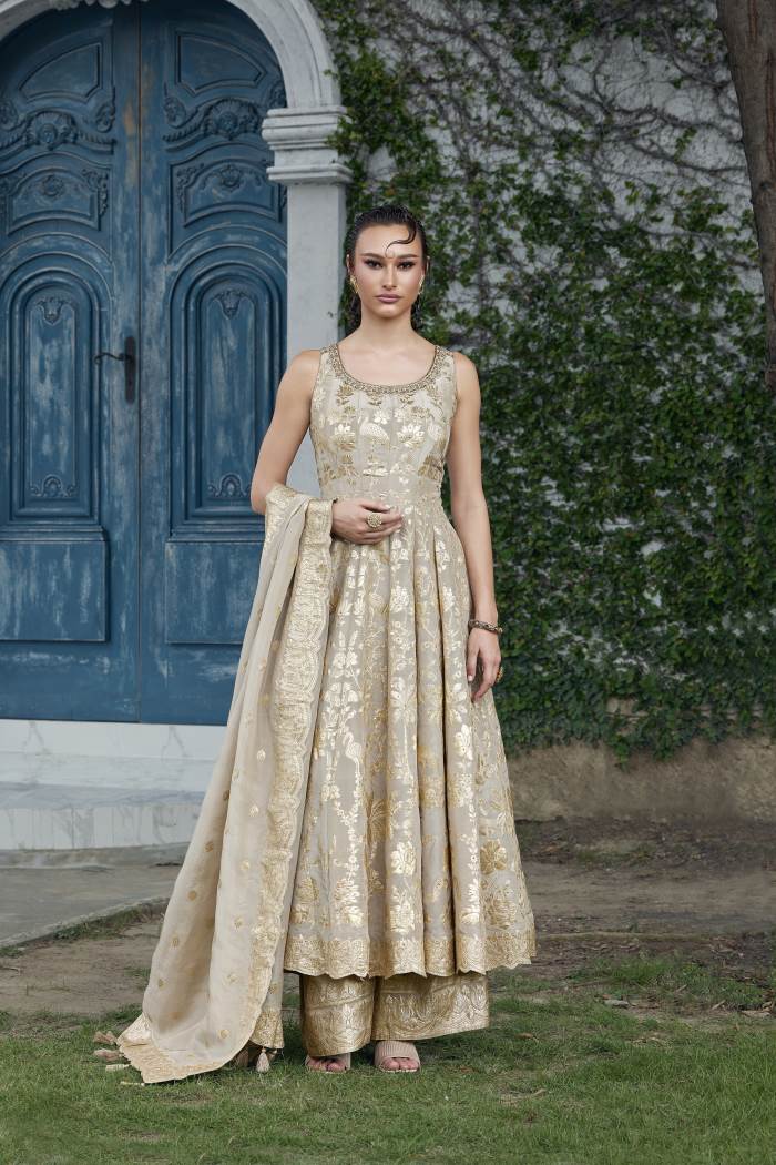 Cream and Gold color combination designer look Anarkali Dress