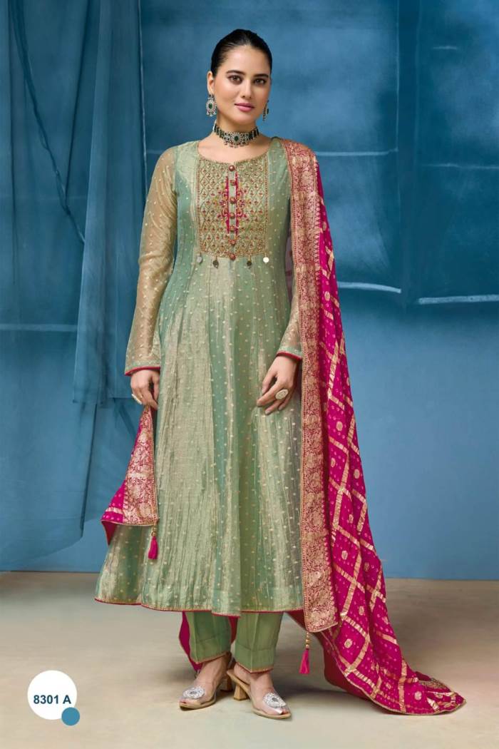 Pista Color Party Wear Designer Anarkali Suit