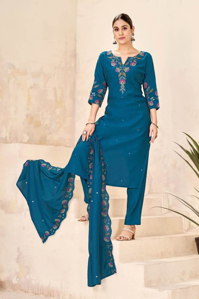 Peacock Blue Color Party Wear Designer Kurti Set