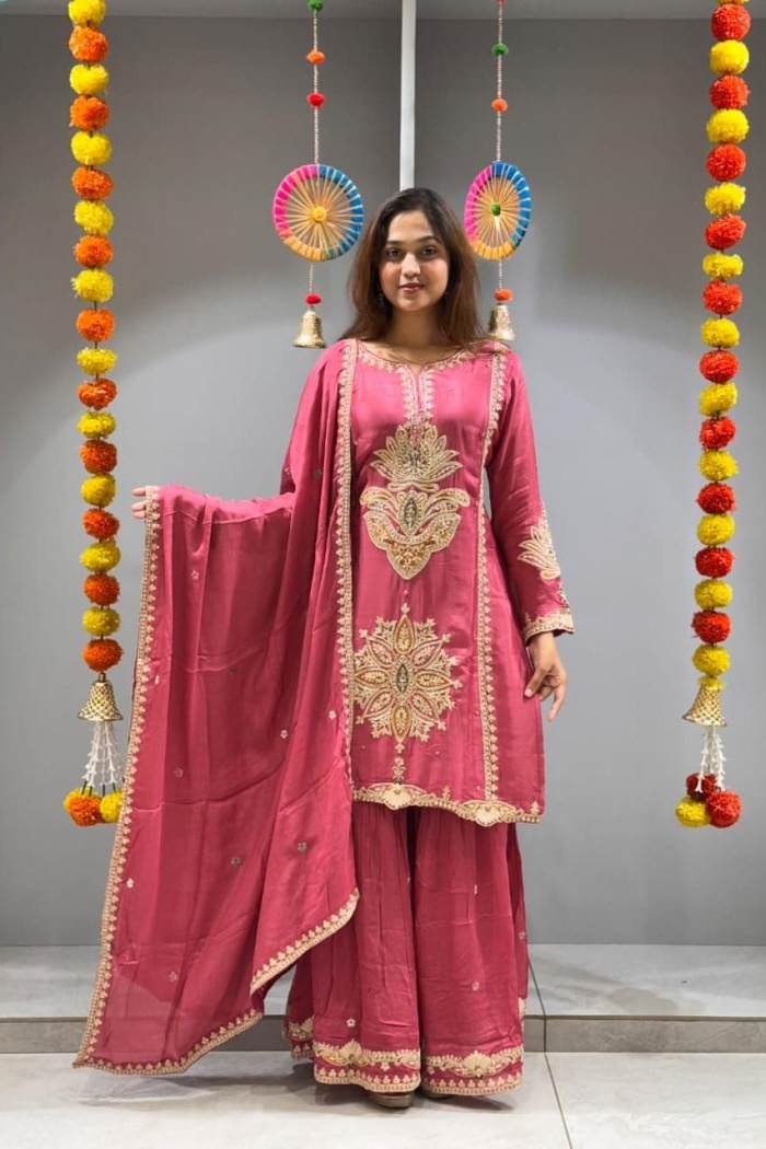 Onion Color Party Wear Designer Plazo Suit