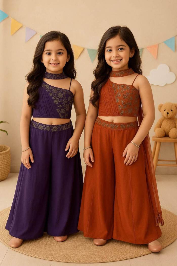 Rust Color Party Wear Designer Plazo Suit