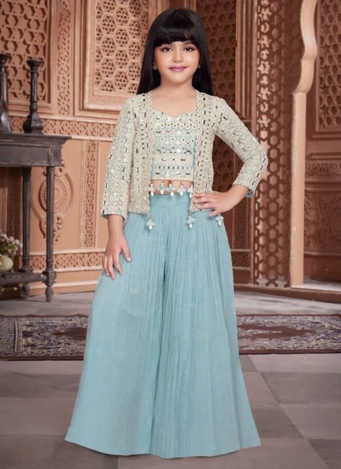 Sky Blue Color Party Wear Designer Plazo Suit With Koti