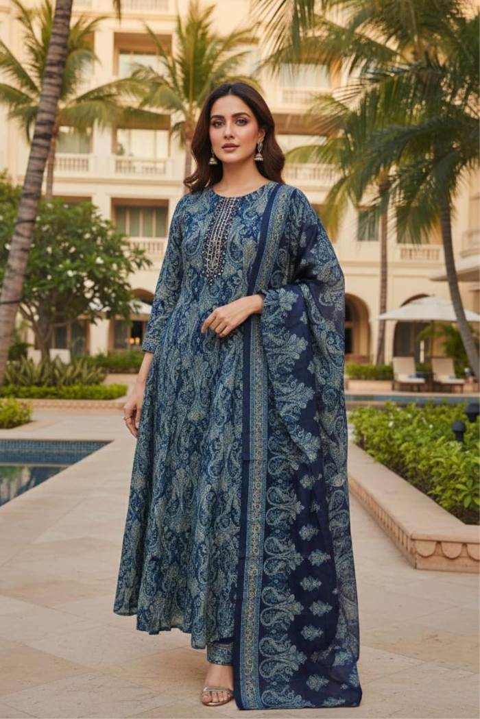 Navy Blue Color Casual Wear Designer Kurti Set