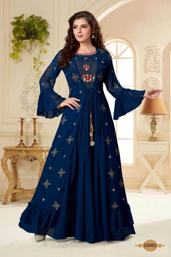 Blue Color Party Wear ReadyMade Designer Gown With Koti