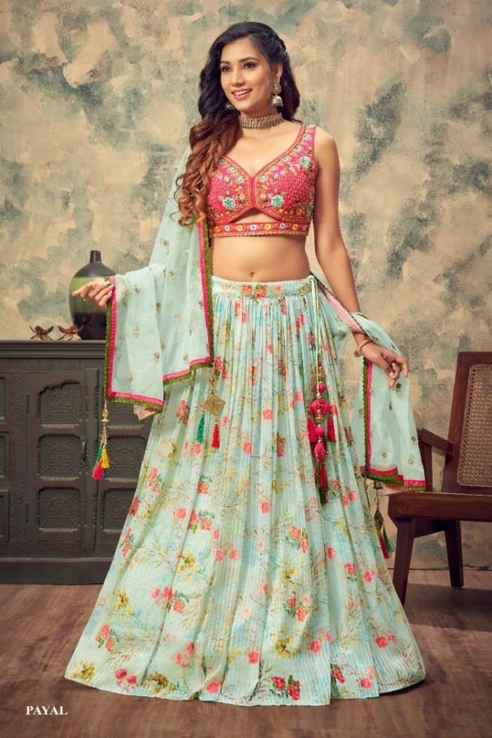 Pink And Pista Color Party Wear Lehenga Choli With Dupatta