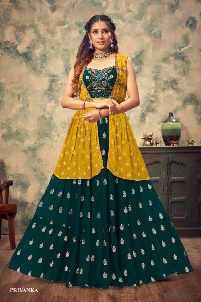 Peacock Blue And Yellow Color Party Wear Lehenga Choli With Koti