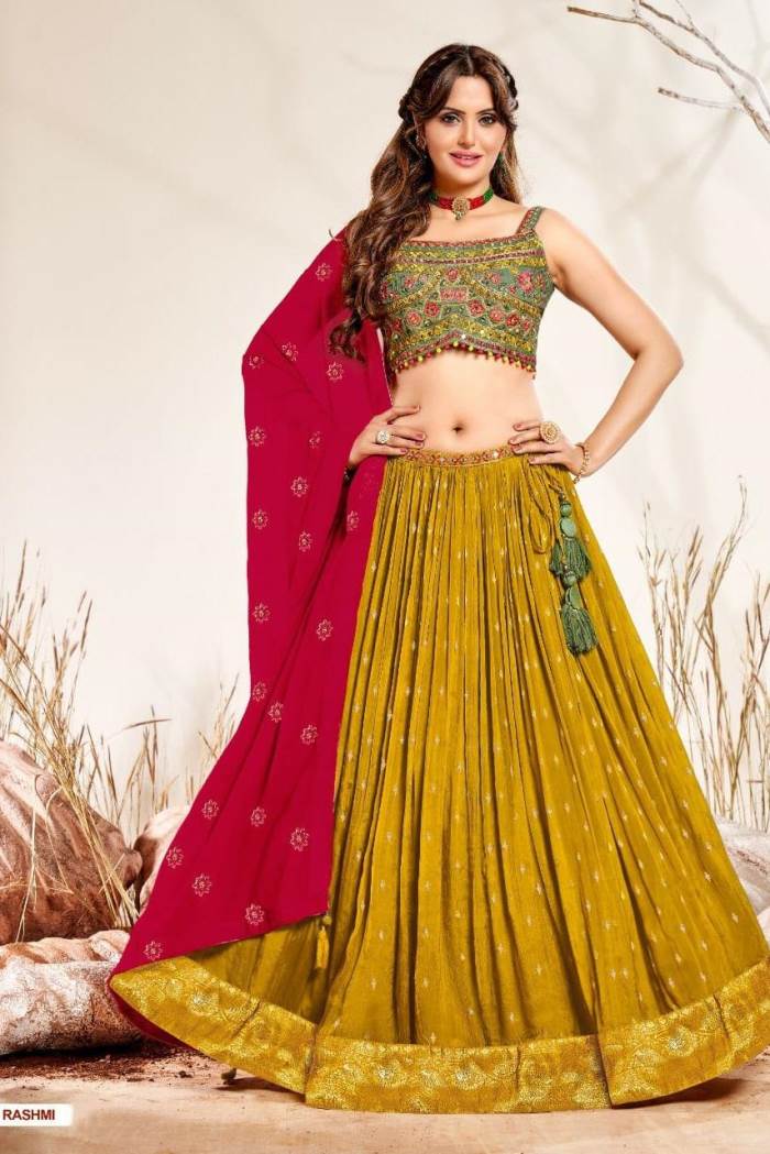 Green And Mustard Color Party Wear Lehenga Choli