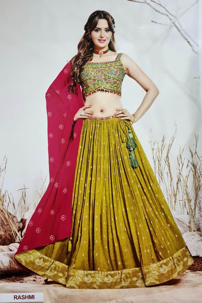 Green And Mustard Color Party Wear Lehenga Choli