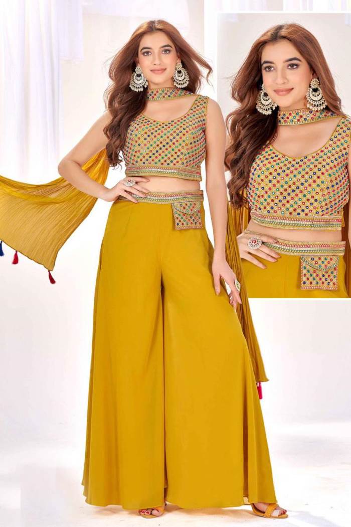 Mustard Color Party Wear Designer Indo-Western Plazo With Choli