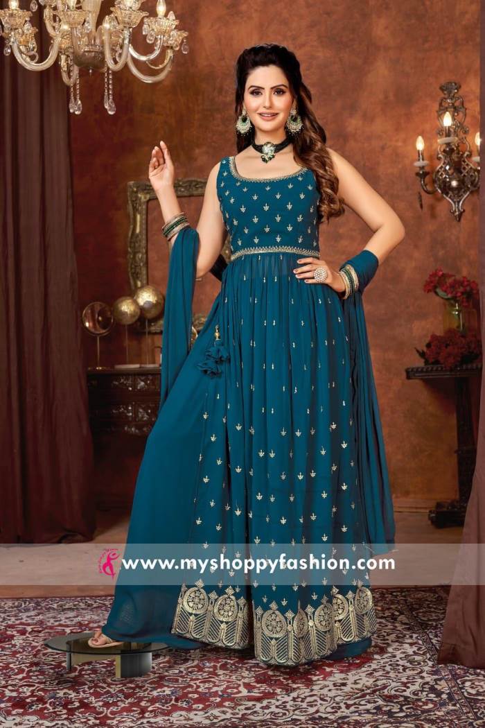 Peacock Blue Color party wear Indo-western Suit