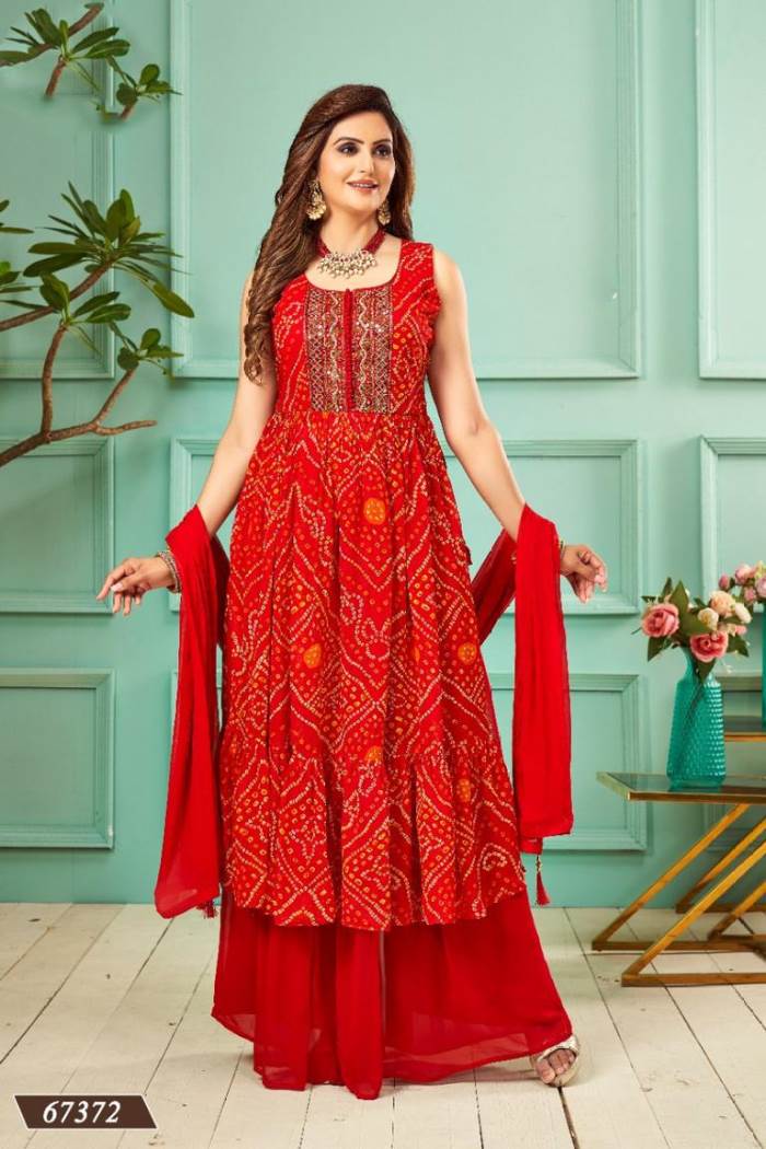 Red color Designer Bandhni Style Indo-western Suit