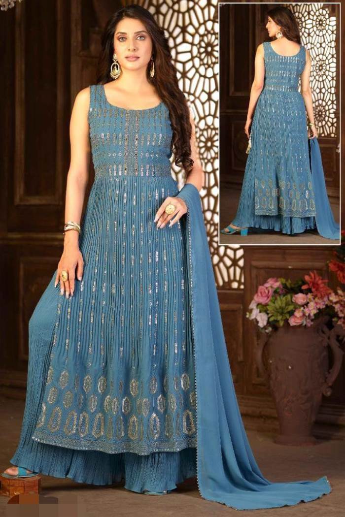 Peacock Blue Color Party Wear Designer Indo-Western Plaazo Suit