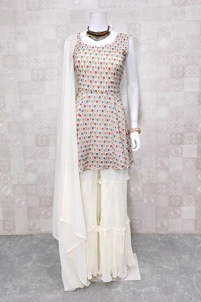White Color Party Wear Indo Western Gharara Suit