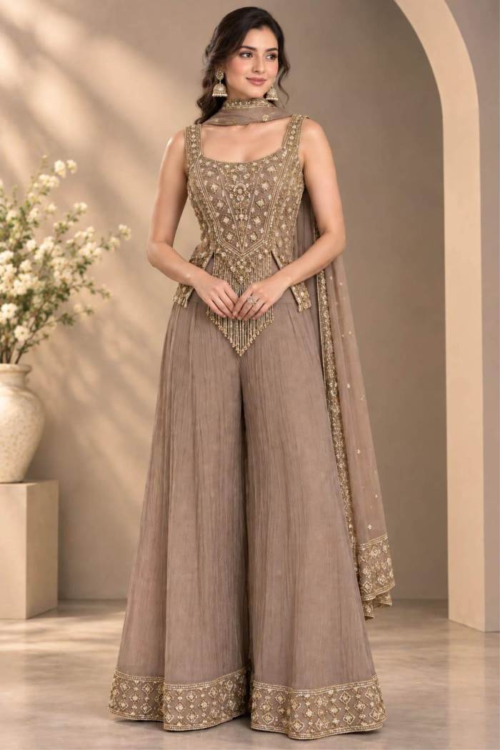 Gold Color Party Wear Designer Plazo Suit