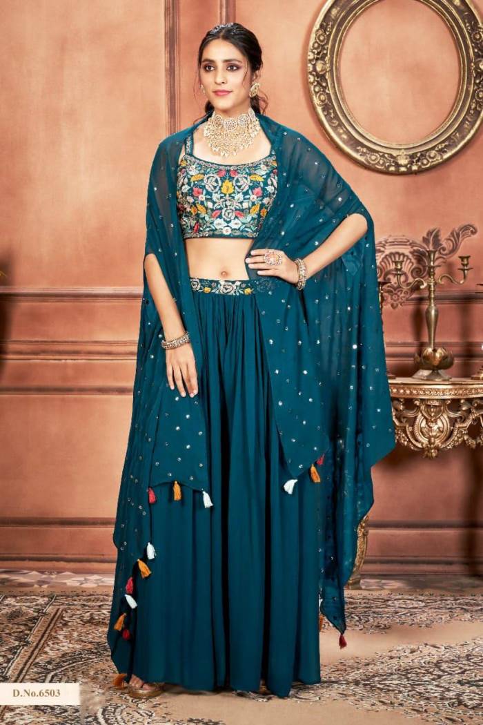 Rama Color Party Wear Indo Western Plazo Suit With Koti