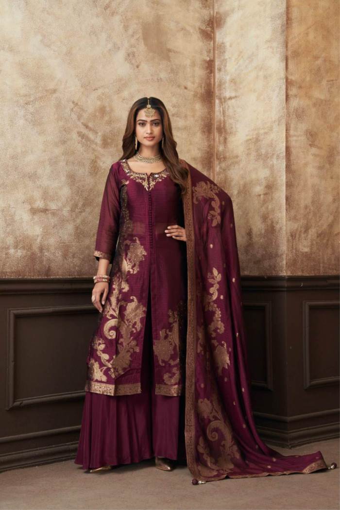 Wine Color Party wear Designer collection plazo suit