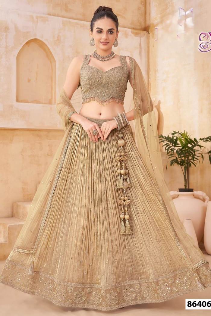 Cream color Pastel chart wedding and Reception Look Lehenga choli