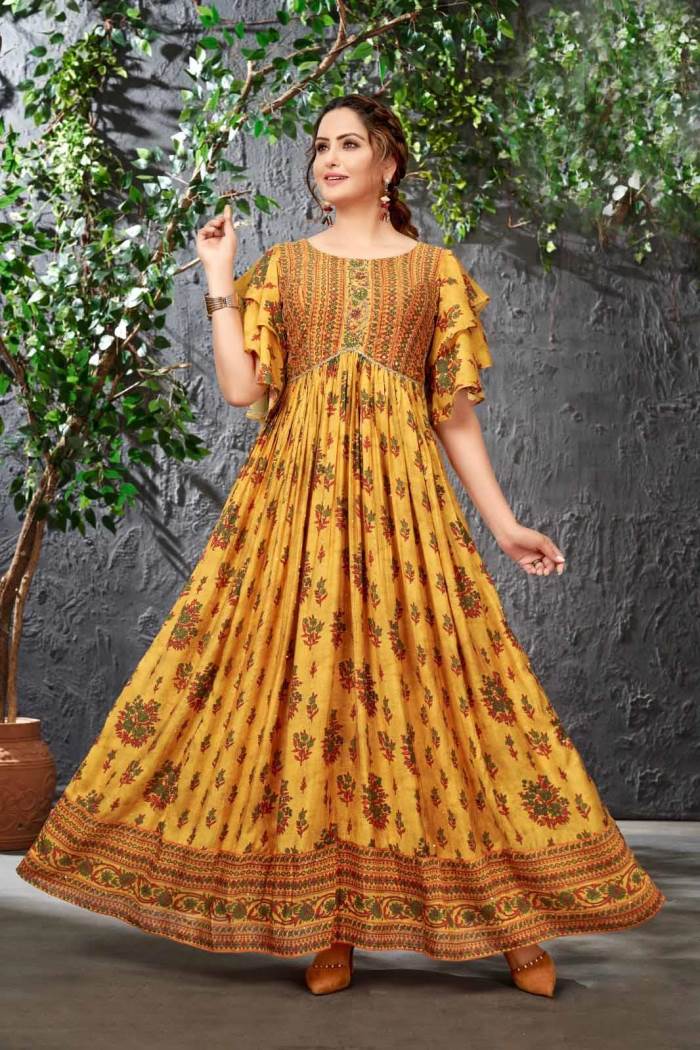 Mustard Color Party Wear Designer Gown Kurti