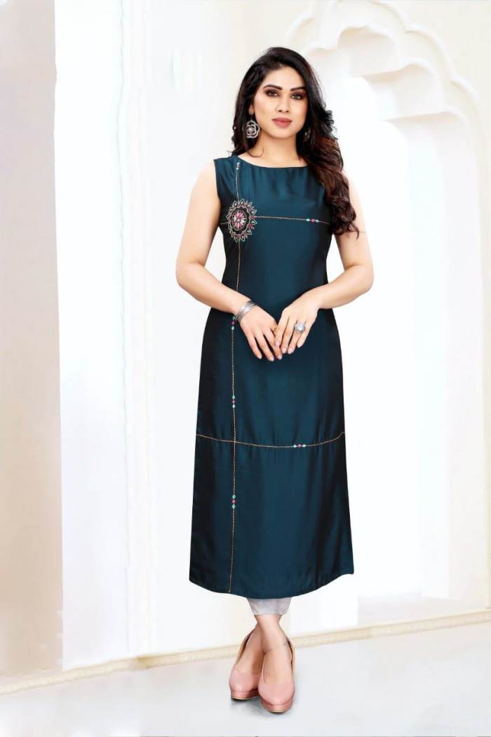 Peacock Blue Color Party Wear Straight Kurti