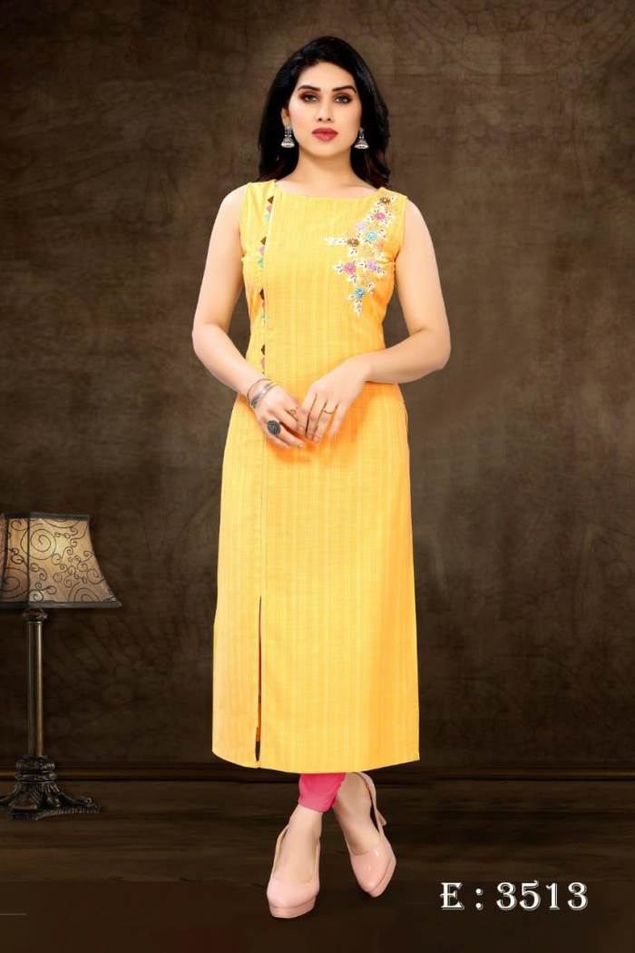 Yellow Color Party Wear Straight Long Kurti