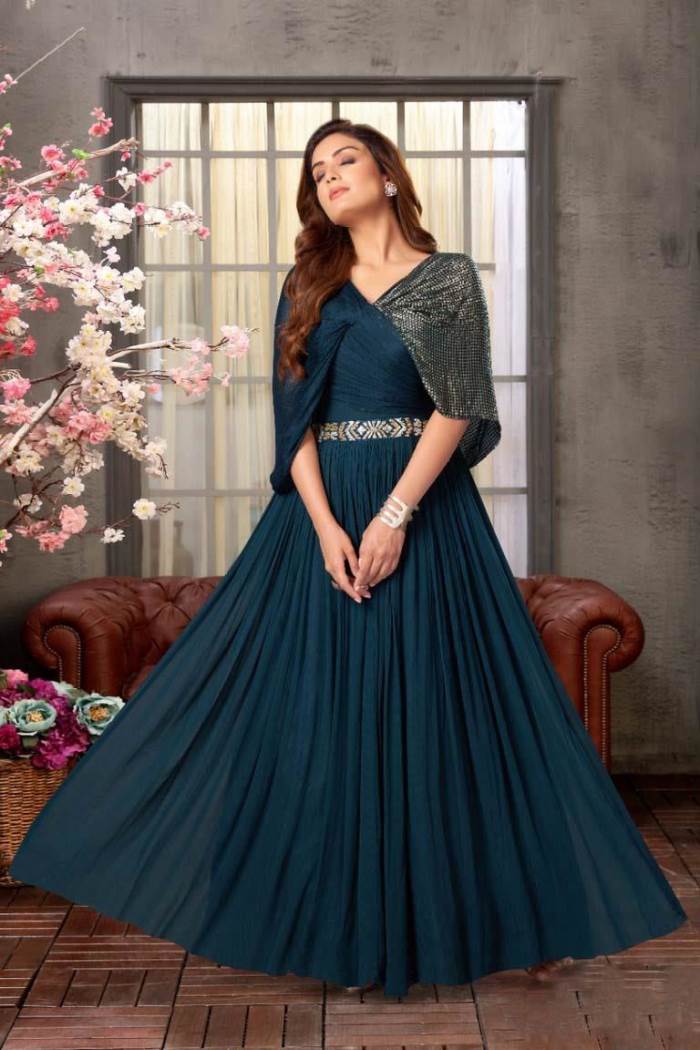 Peacock Blue Color Party Wear Designer Gown